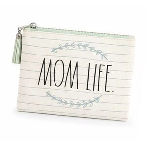 Rae Dunn Mom Life Zippered Pouch‎ Makeup Bag Cream Mint Tassel NWT 7.5x5.5